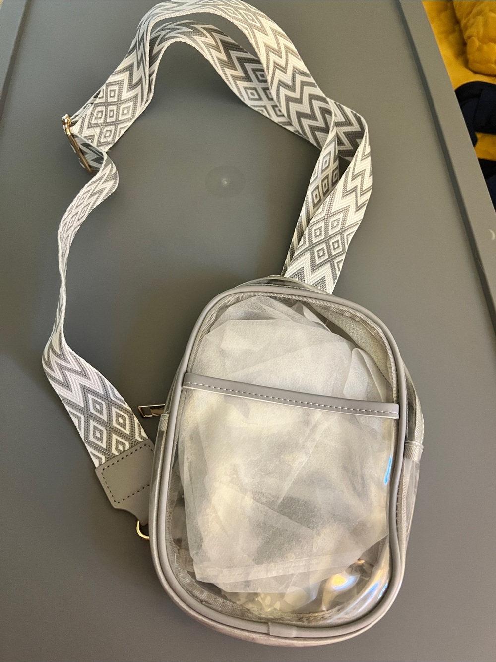 Gray Clear Crossbody Sling Bag with Patterned Strap